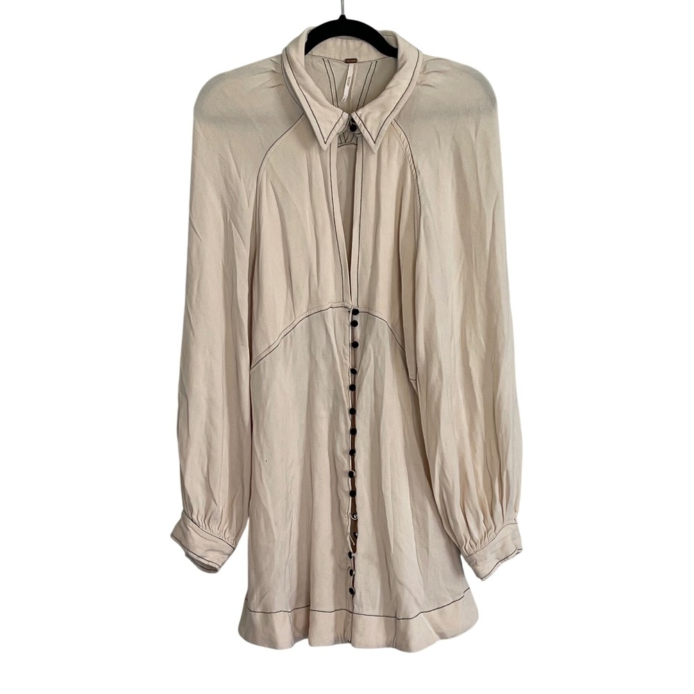 Free‎ People Cream Contrast Stitch Button Front Bishop Sleeve Mini Dress Medium
